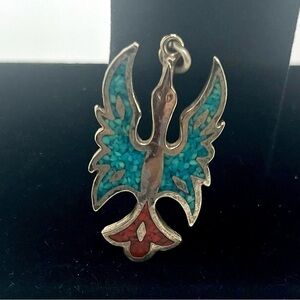 Vintage Phoenix Bird Pendant Turquoise Red Inlay Silver Tone